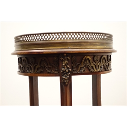  20th century French gilt metal mounted walnut two-tier jardiniere stand, varigated inset marble top with pierced brass gallery on three moulded curved brackets, the three stop fluted tapering supports joined by a trefoil undertier on twist turned tapering feet, H88cm,  D39cm (MAO100320)  