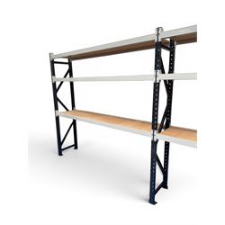 Two bays of Constructor warehouse racking with MDF boards
