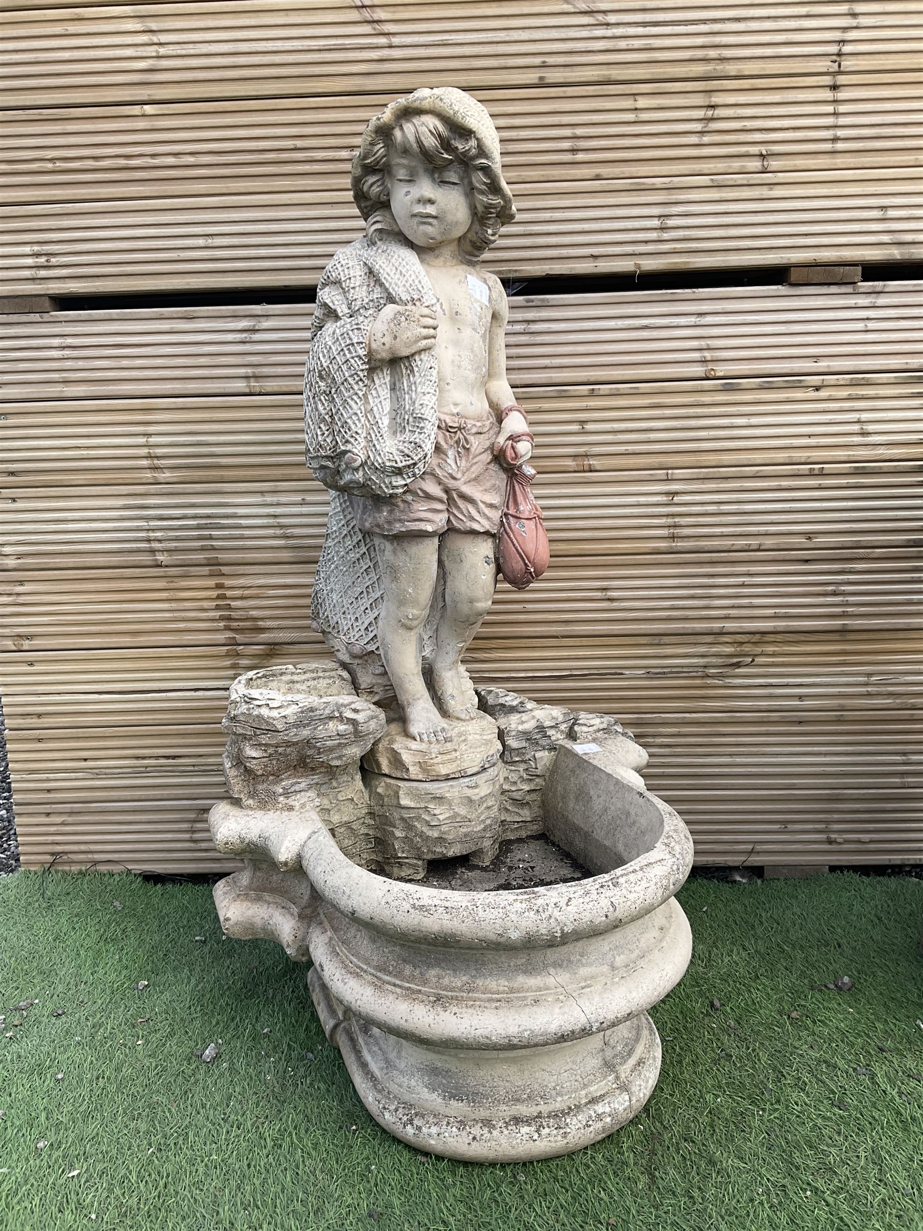 Three section cast stone garden figure of a boy carrying fishing net and a satchel with a water feature together with a cast stone planter on plinth - THIS LOT IS TO BE COLLECTED BY APPOINTMENT FROM DUGGLEBY STORAGE, GREAT HILL, EASTFIELD, SCARBOROUGH, YO11 3TX