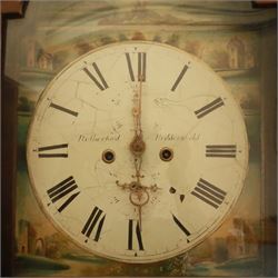 George Rutherford of Huddersfield- 8-day mahogany longcase clock c1880, with a swan neck pediment and turned patera, hood with shaped back splats and a break arch hood door flanked by ring turned pilasters, trunk with conforming recessed pilasters and a short wavy-topped trunk door, on a broad plinth raised on bracket feet, fully painted dial with matching pastoral depictions to the spandrels and break arch, with makers name, Roman numerals, subsidiary seconds and date dials and matching stamped brass hands, dial pinned via a falseplate to a rack striking movement striking the hours on a bell (bell missing). With pendulum, no weights.
