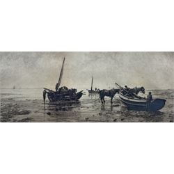 Thomas Barrett (Staithes Group 1845-1924): 'Pilchard Boats', drypoint etching signed in pencil 10cm x 26cm; together with a letter from the artist gifting the print to his student Mabel Annie Levy (1884-1967).