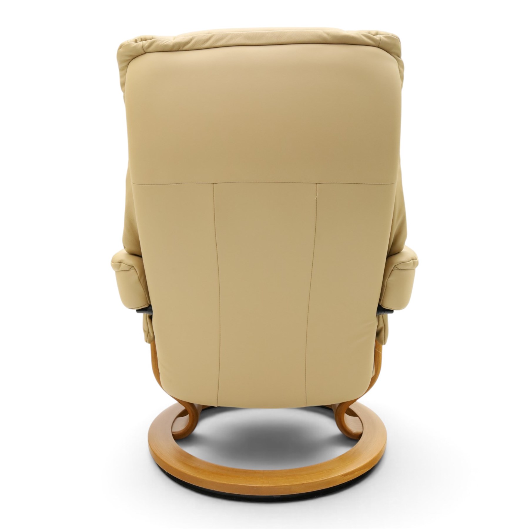Ekornes Stressless - beech framed reclining swivel armchair with matching footstool, on U-shaped supports with circular bases, upholstered in beige leather