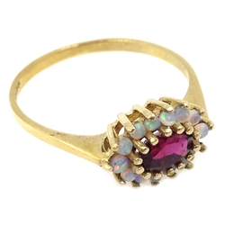 9ct gold opal and garnet cluster ring, hallmarked  