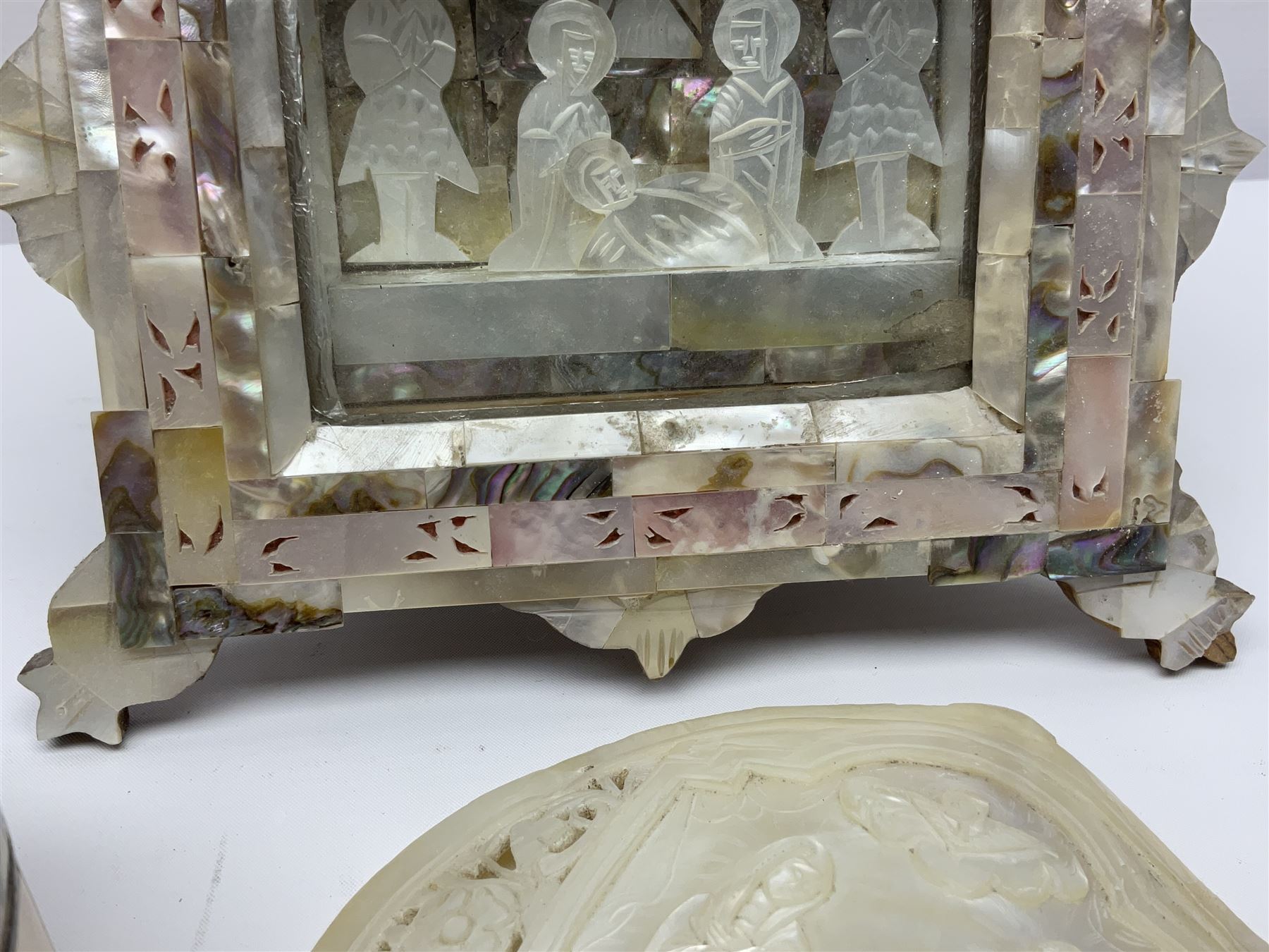 Mother of pearl nativity scene, together with mother of pearl box, shell and carved shell