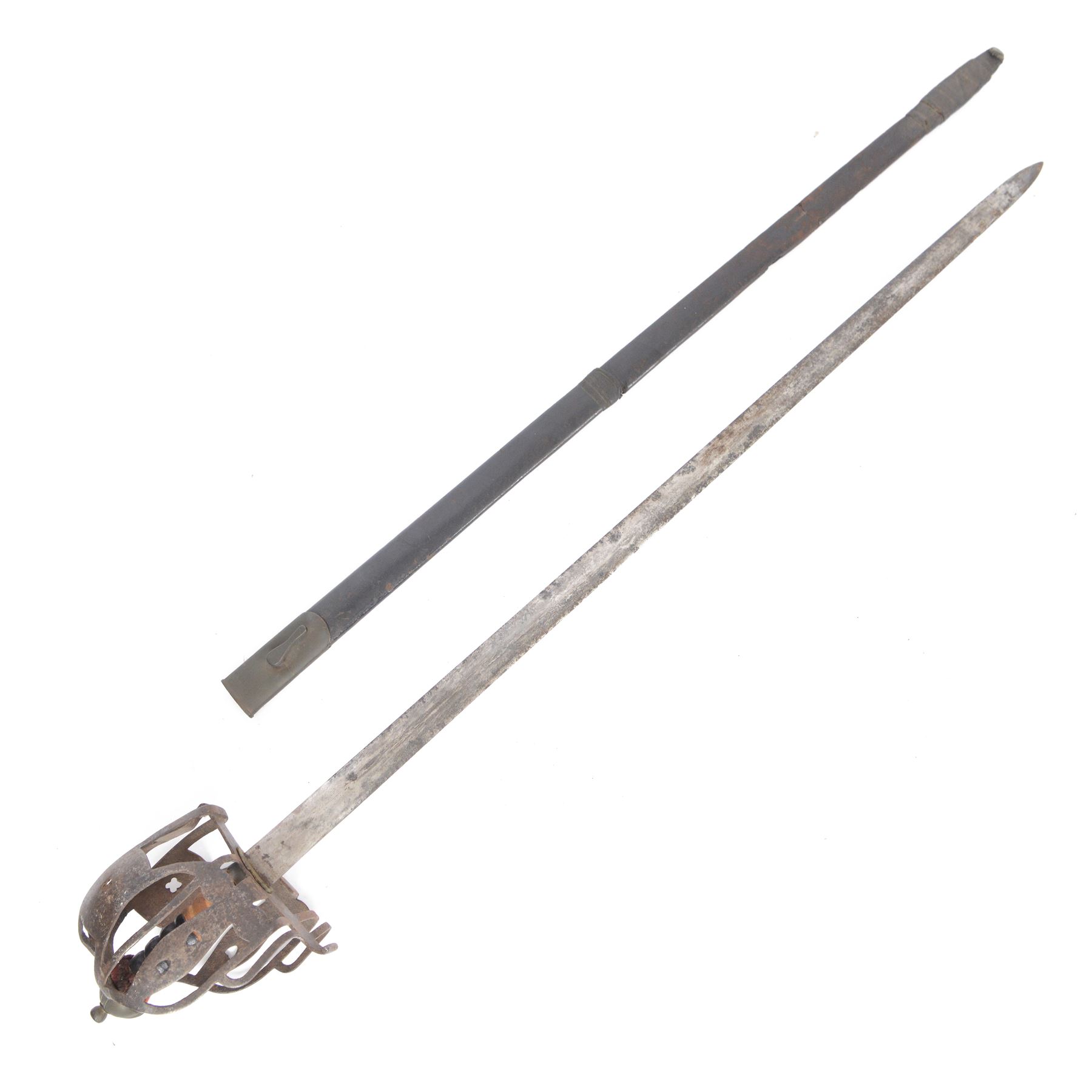 18th century Scottish basket hilt sword, with L82cm double edged blade, the basket hilt with pierced with heart motifs and wood grip, within leather scabbard, overall L96cm 