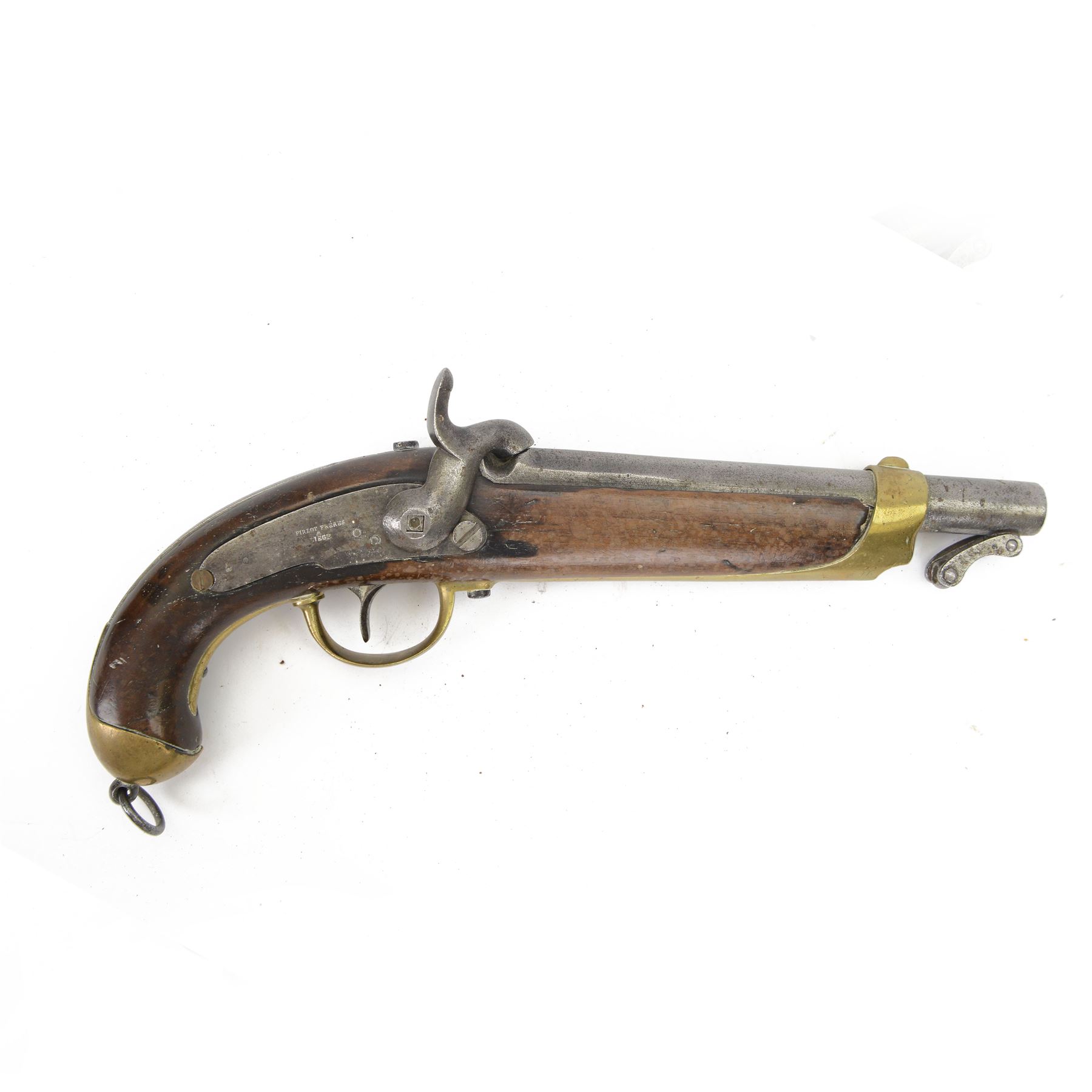 19th century percussion pistol, with round 22cm unsighted barrel with octagonal base, backwards spring lock signed 'PIRLOT FRERES LIEGE'; wooden full stock with brass mounts, belt hook, overall L36cm