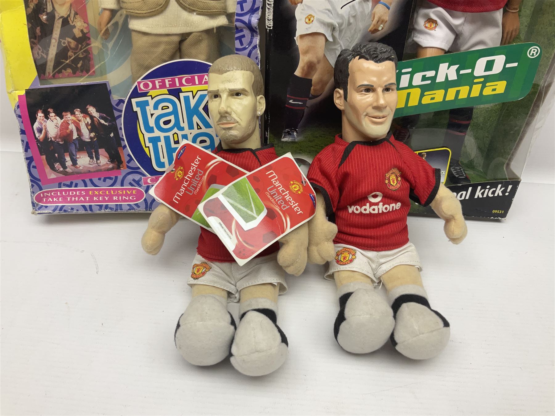 Three Mattel carded Harry Potter dolls - Harry, Hermione & Dumbledore; Vivid Imaginations Take That Robbie doll; all boxed; three Manchester United figures of players (one boxed); and The Simpsons 3-D Chess Game; boxed