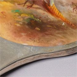 Silver backed brush and hand mirror inset with painted Royal Worcester panels by James Stinton with pheasants in a woodland clearing Birmingham 1929 Maker Sanders and Mackenzie
