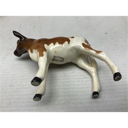 Five Beswick figures of cattle Comprising Ayrshire Bull Ch Whitehill Mandate, no 1454B, three Ayrshire Cow Ch Ickham Bessie, no 1350 and Ayrshire Calf, no 1249B, all with printed marks beneath