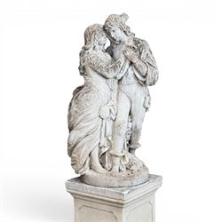 Romeo & Juliet ornate cast stone garden figure, raised on square plinth base