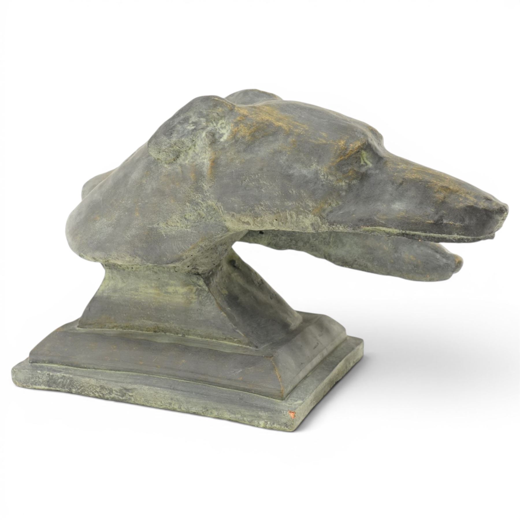Composite stone statue group of two greyhound heads on stepped plinth base, in antique bronze finish