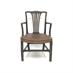 Georgian mahogany armchair, shaped and carved cresting rail, studded leather seat, square reeded supports, W59cm