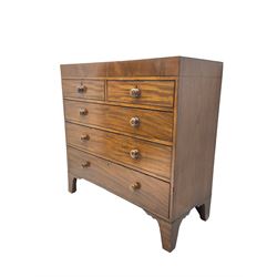 19th century straight-front chest, rectangular top with ebony strung edge, crossbanded frieze over two short and three long graduating drawers with ebony stringing, raised on bracket feet