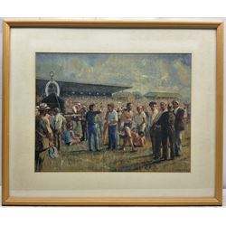 John Hatfield (British 1933-): 'Ebor Day' York Races, oil and oil pastel signed, titled with artist's York address label verso 45cm x 58cm