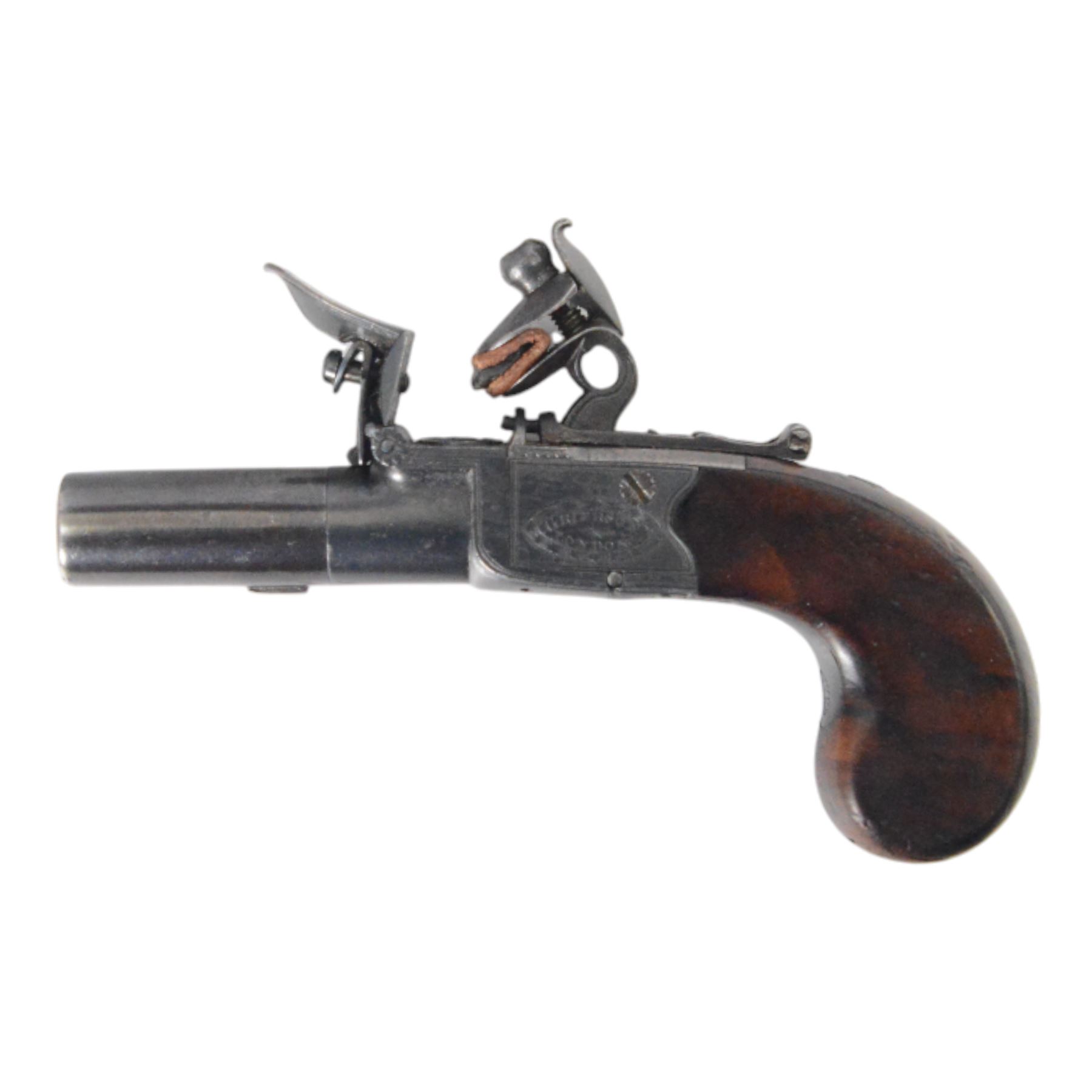 Flintlock ladies muff pistol, circa 1800, with smooth bore screw barrel, lock inscribed Grierson London, Gun Maker to His Majesty  