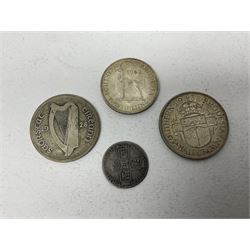 George II 1746 sixpence coin Lima below bust, Ireland 1928 halfcrown, King George VI Southern Rhodesia 1940 two shillings and 1942 halfcrown, Canada 1941 ten cents, South Africa 1943 two and a half shillings, United States of America 1964 half dollar and other coinage