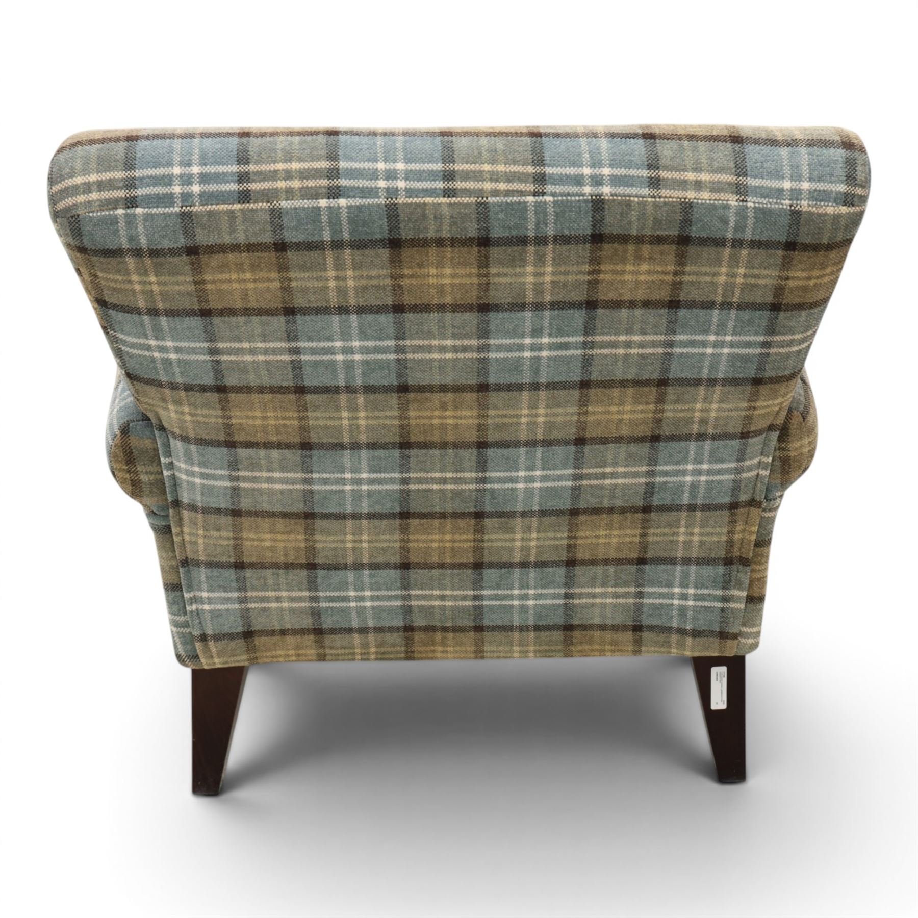 Contemporary armchair, upholstered in blue chequered fabric, dark stained square tapered supports