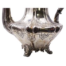 Victorian silver melon shaped coffee pot, with acanthus detailed spout and scroll handle with ivory insulators, floral finial to hinged cover, and chased arabesque decoration to body and cover, hallmarked Edward, Edward junior, John & William Barnard, London 1840, H24cm, approximate weight 30.82 ozt (958.7 grams)

This item has been registered for sale under Section 10 of the APHA Ivory Act