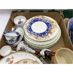 Large quantity of Victorian and later ceramics to include Spode Velamour twin handled vase, Bavaria Schumann Arzberg large circular stand and vase, Beswick Ware,  Spode, blue and white, Hanley and G Meakin, tea wares, figures, West German vase etc in six boxes