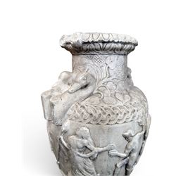 Early 20th century painted plaster classical urn, detailed with swan necks and mythical scenes