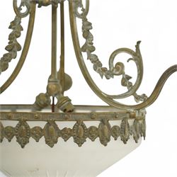 Early 20th-century French gilt bronze and glass three-light plafonnier, circular frosted glass bowl with moulded flutes, frosted glass bowls suspended from a hexagonal stem with scrolling acanthus branches and stiff leaf ceiling corona 