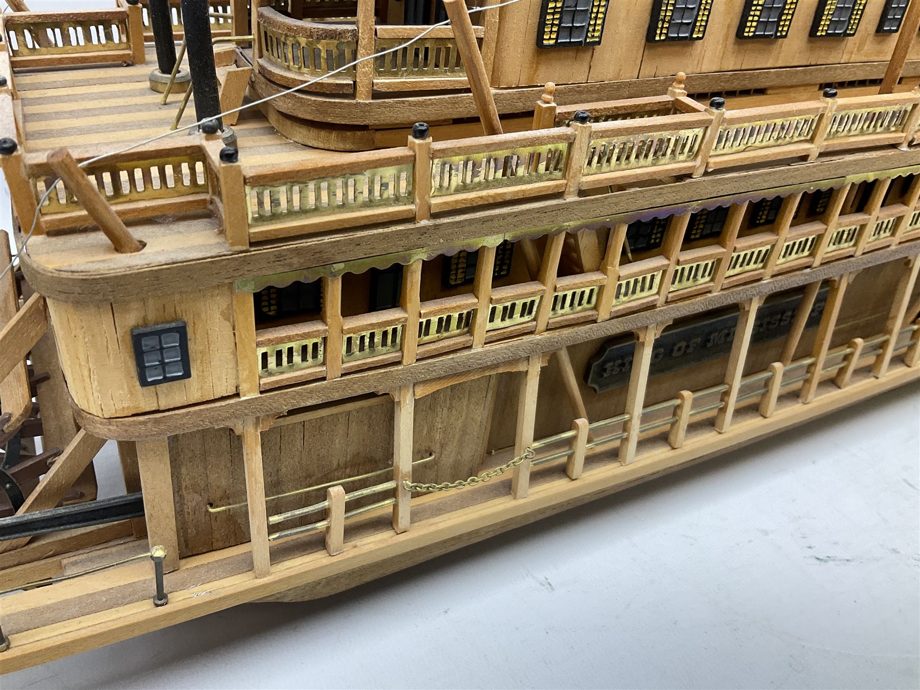 Hand built model of a river paddle steamer 'King of the Mississippi' and a sailing ship with three masts and unfurled sails, largest example H80cm, L101cm