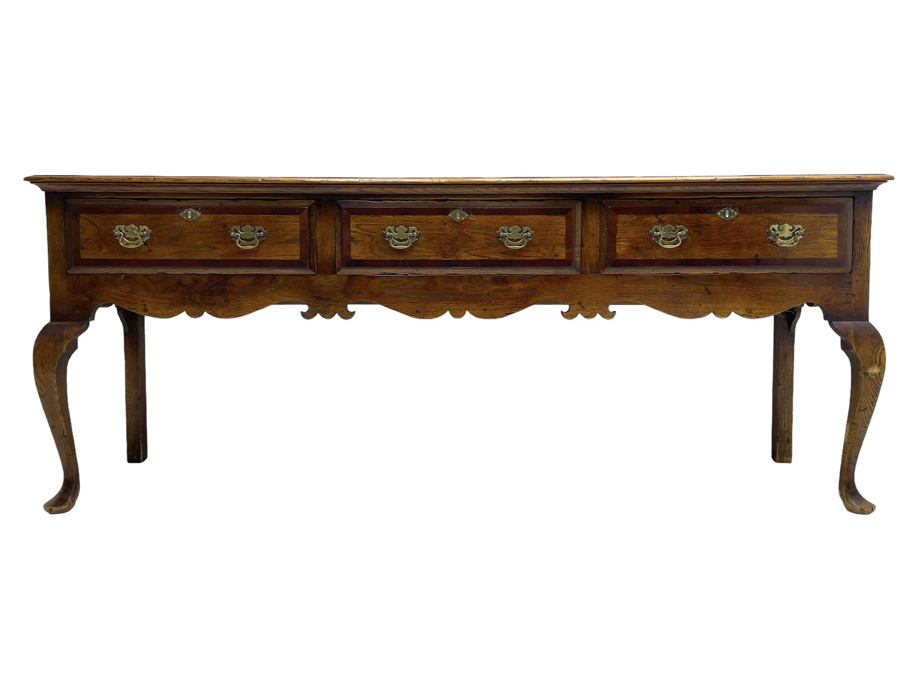 Georgian design oak dresser base, moulded rectangular top over three drawers with moulded fronts and mahogany bandings, shaped apron on cabriole front supports