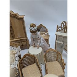 Dolls house bathroom and bedroom furniture, including bed, wardrobe, dresser filled with toiletries, shower, five figures, etc 