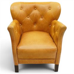 John Lewis - Pair of ochre leather tub chairs, downswept arms, button back and arms, raised on dark supports 