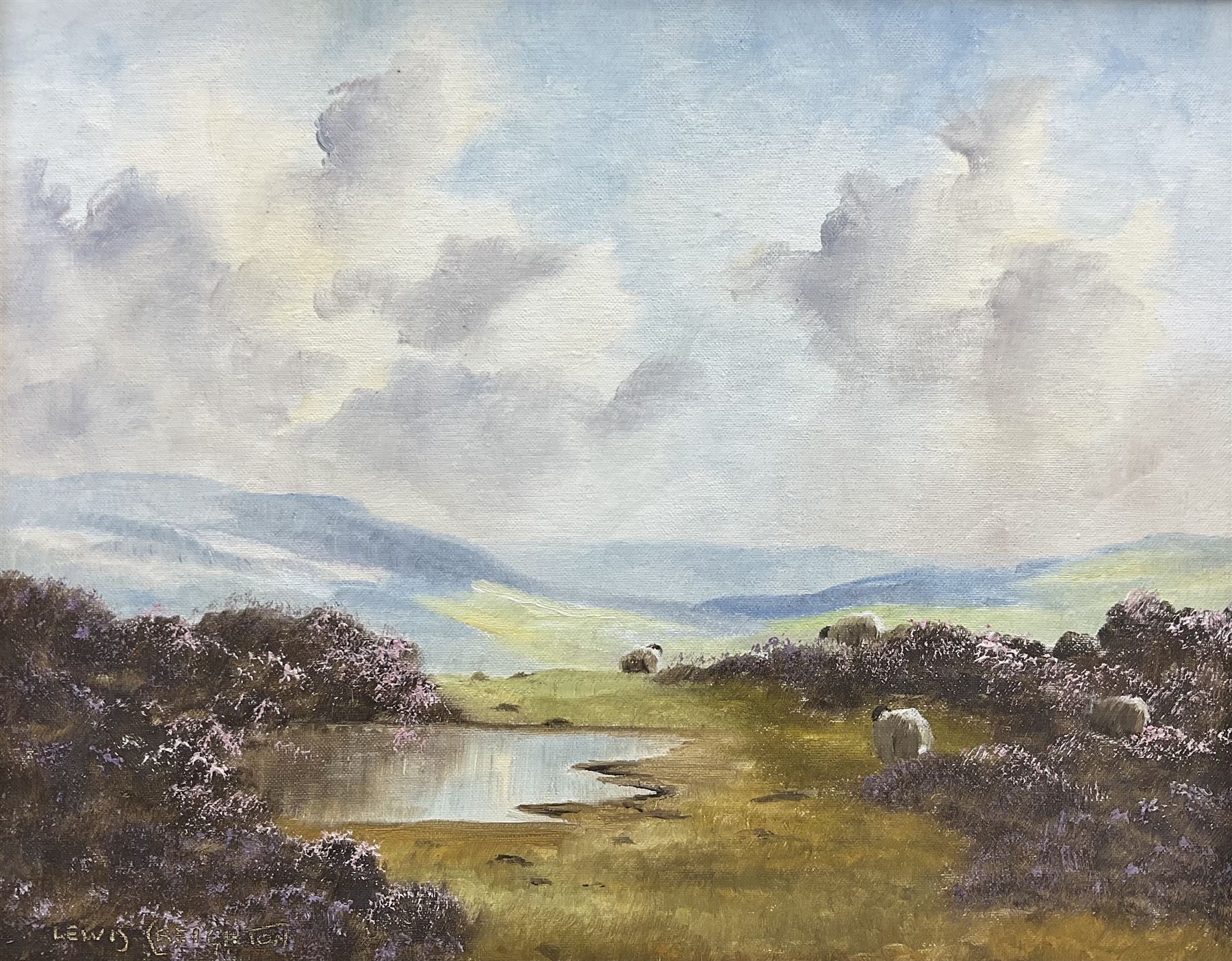 Lewis Creighton (British 1918-1996): Sheep on the Moors, oil on board signed 39cm x 50cm