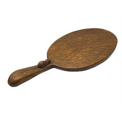 Mouseman - adzed oak cheeseboard, the handle carved with mouse signature, by the workshop of Robert Thompson, Kilburn, L38cm D18cm