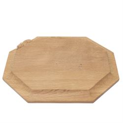 Mouseman - adzed oak bread board of canted rectangular design with carved mouse signature W30cm by the workshop of Robert Thompson, Kilburn