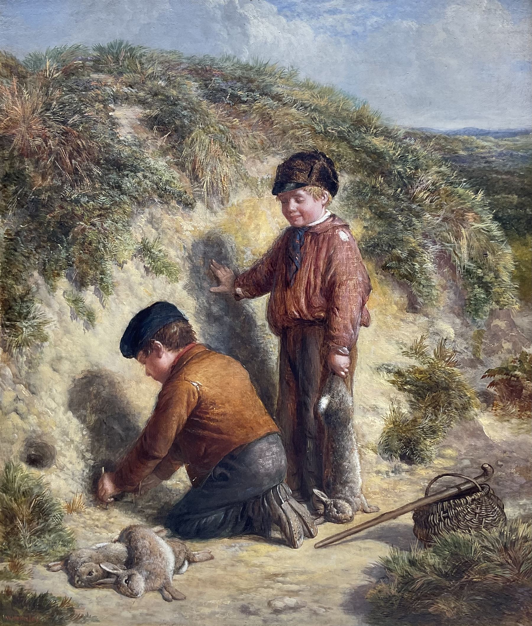 William Hemsley RBA (British 1819-1906): 'Setting a Rabbit Snare', oil on canvas signed, titled and dated 1857 on original label verso with Christie's stencil 42.5cm x 36cm