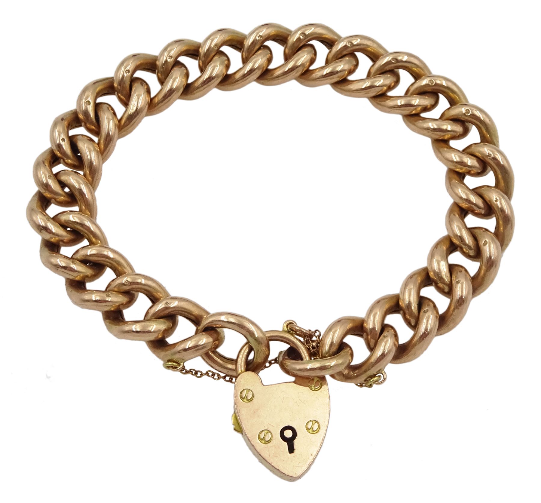 Early 20th century 9ct rose gold curb link bracelet, with heart locket clasp, maker's mark HC&S, each link stamped 9, in original silk and velvet lined box
