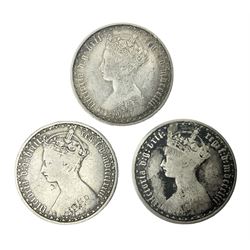 Three Queen Victoria silver 'Gothic' florin coins, dated two 1853 and 1873