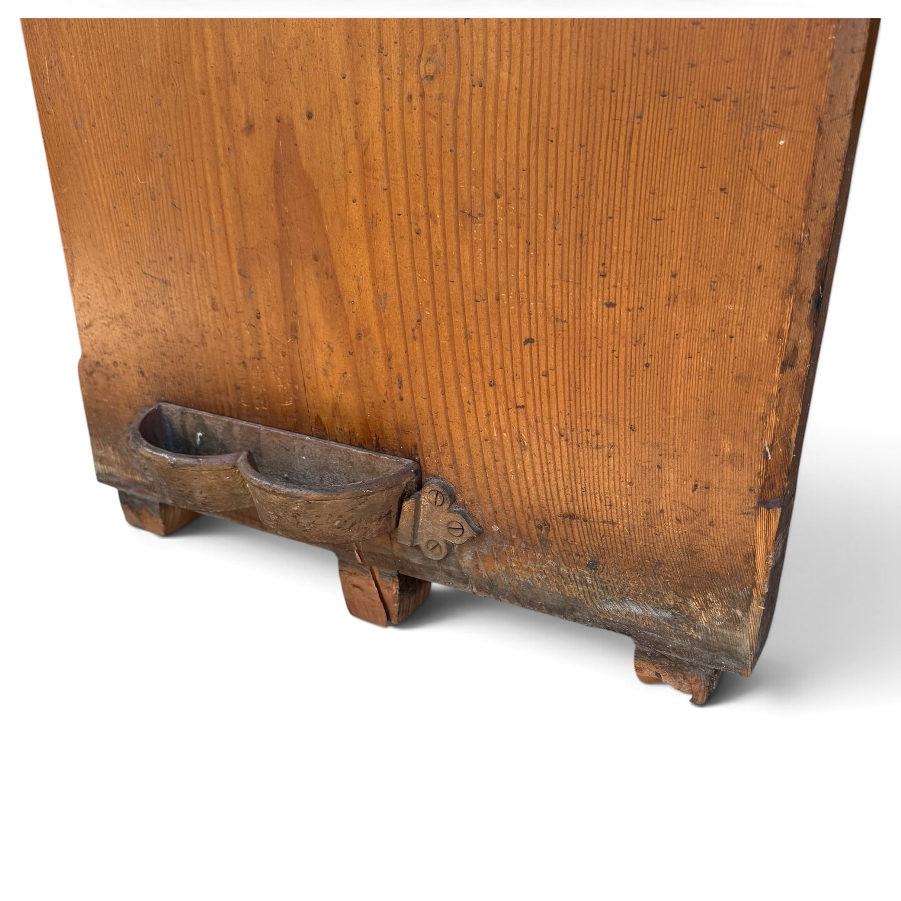 Early 20th century stained pine ecclesiastical church pew, the shaped end supports flanking slatted and panelled back, with black stencilled number '15' to the side