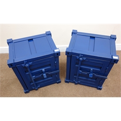  Pair container style bedside cabinets, single door enclosing shelf, W46cm, H55cm, D35cm  