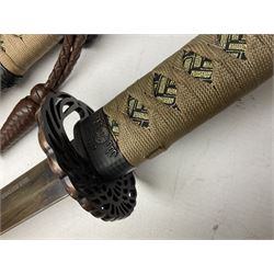 Reproduction Scottish officers basket hilt broad sword, the brass basket pierced with heart-shaped motifs lined with red lining, together with a reproduction Japanese Katana sword, longest L110cm