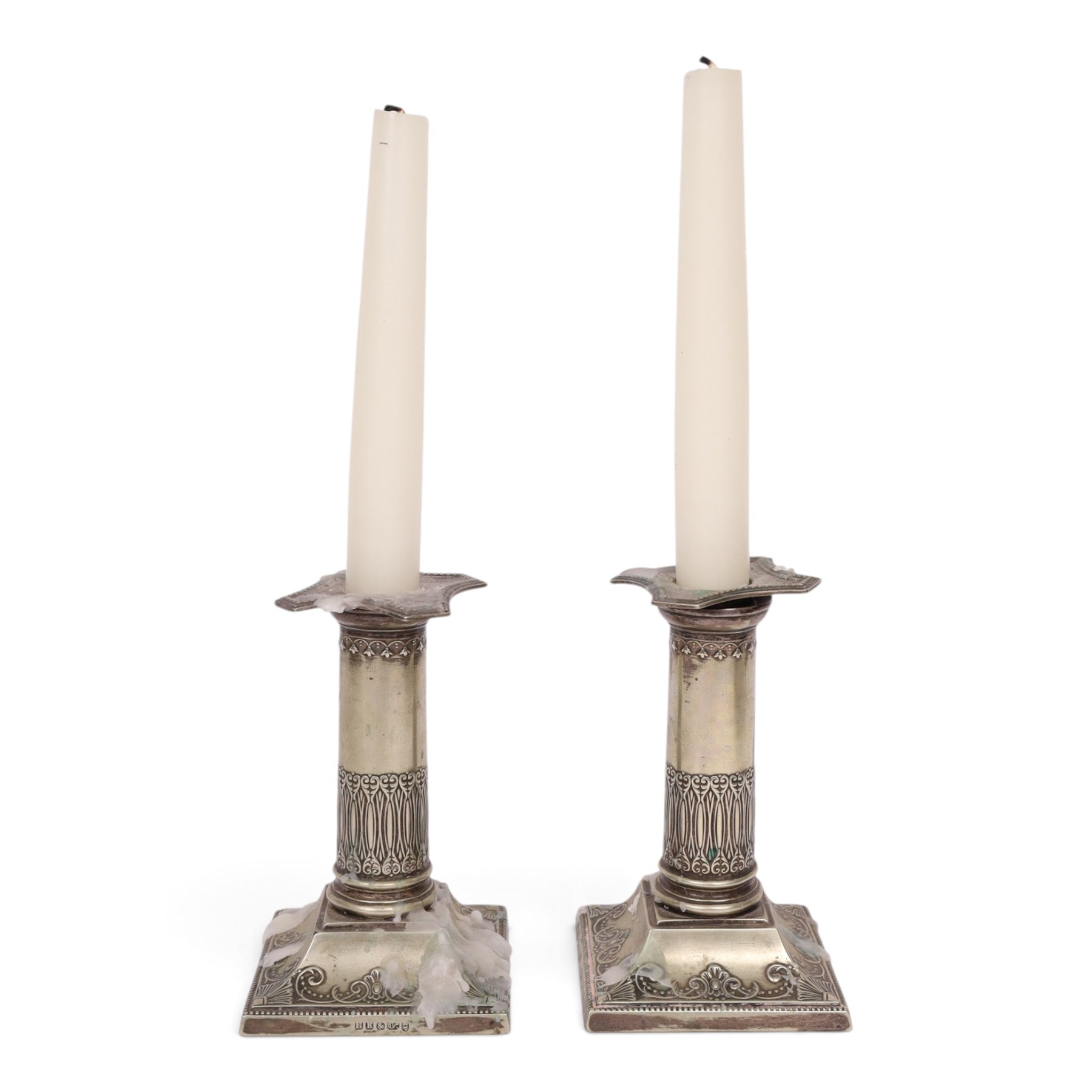 Arts & Crafts silver plated pedestal bowl with hammered decoration by JBC & S Co, together with pair of candlesticks, twin handled dish and other silver plate 