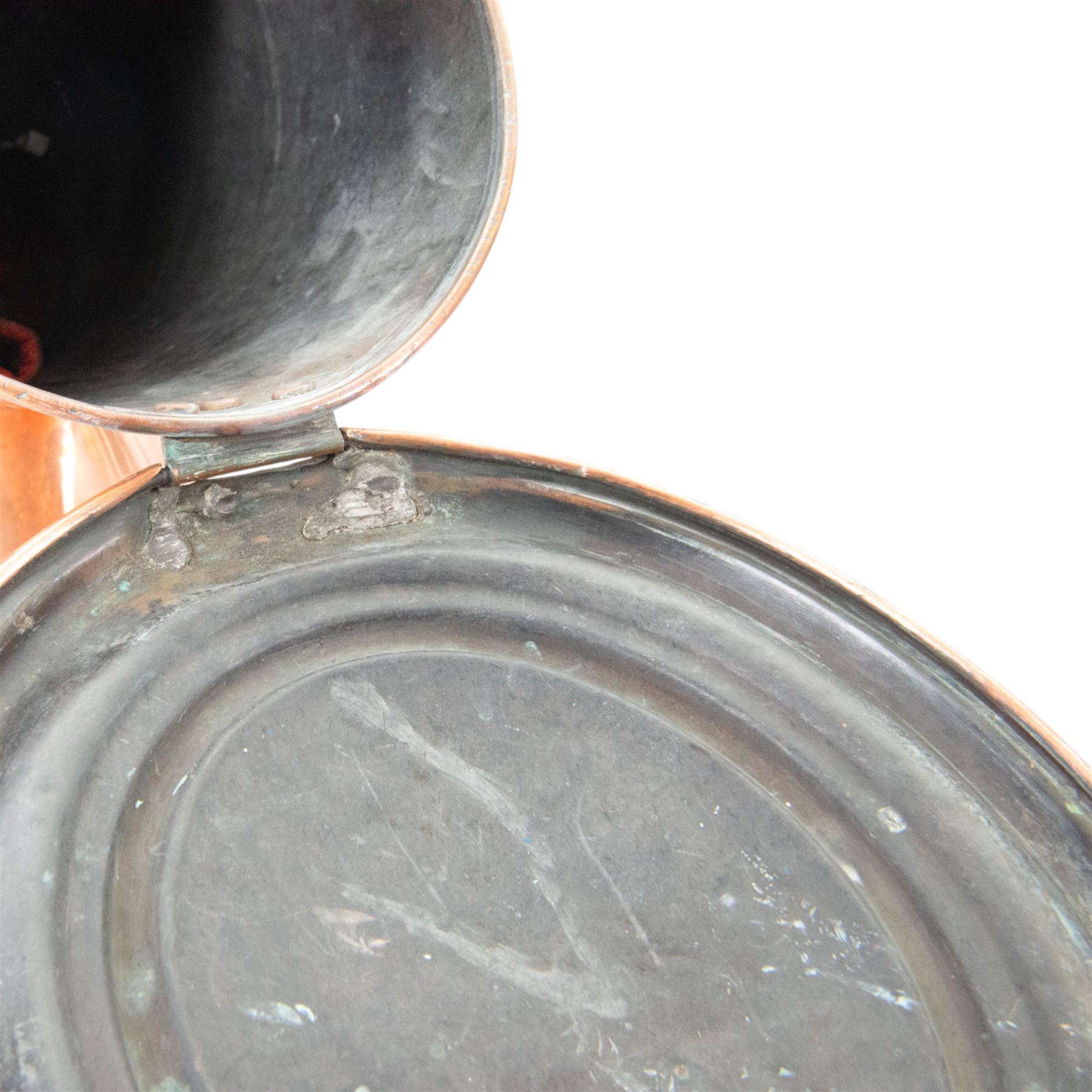 Pair of 19th century copper coal scuttles, of circular form raised on a circular stepped foot with hinged cover, H44cm, L50cm