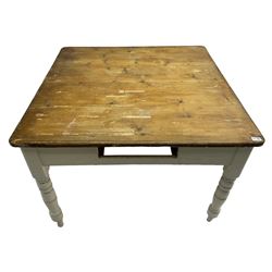 Victorian painted pine kitchen table, polished top on painted base, turned supports