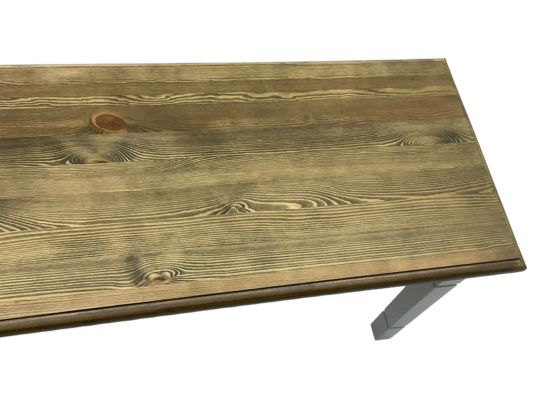 Pine kitchen dining table, rectangular moulded top on painted base, square tapering supports (180cm x 85cm, H78cm); and two matching benches 