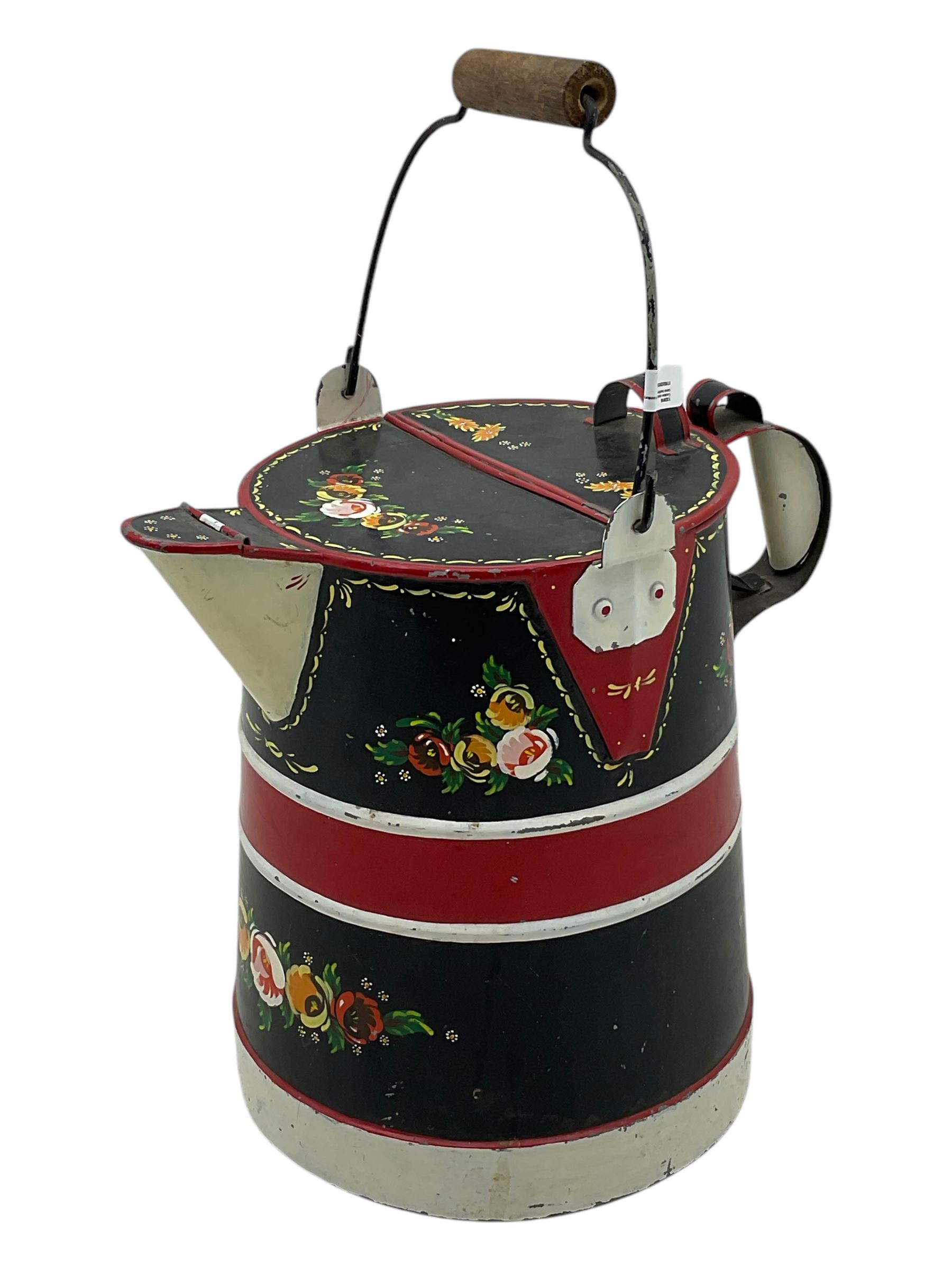 19th century child's rocking chair; heavily carved cuckoo clock; canal buckby can hand painted with floral motifs (3)