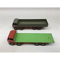 Dinky - six unboxed and playworn/repainted die-cast commercial vehicles comprising Foden flatbed lorry with chains, Foden flatbed lorry,  Foden tanker and Pressure Refueller; all repainted; Foden flatbed lorry with planked sides and Mighty Antar tank transporter (6)