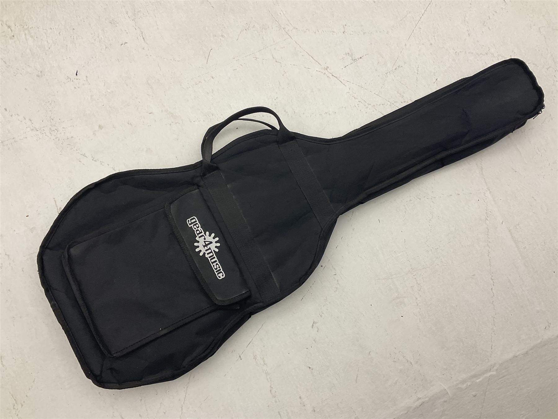 Fender style sunburst electric guitar with manuscript mark 'Zenta Stratocaster 1963' L97cm; in hard carrying case; another similar unmarked sunburst electric guitar; in gig bag; and Fender Frontman Amplifier, serial no.M473406 (3)