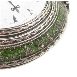 George III silver and gilt metal triple cased verge fusee pocket watch, for the Turkish market by Markwick Markham Borrell, London, No. 23209, ornate classical design pillars, pierced and engraved foliate balance cock, white enamel dial with Turkish numerals, bull's eye glass, the silver cases by James Richards, London 1804, the silver and gilt outer case decorated with green shagreen
