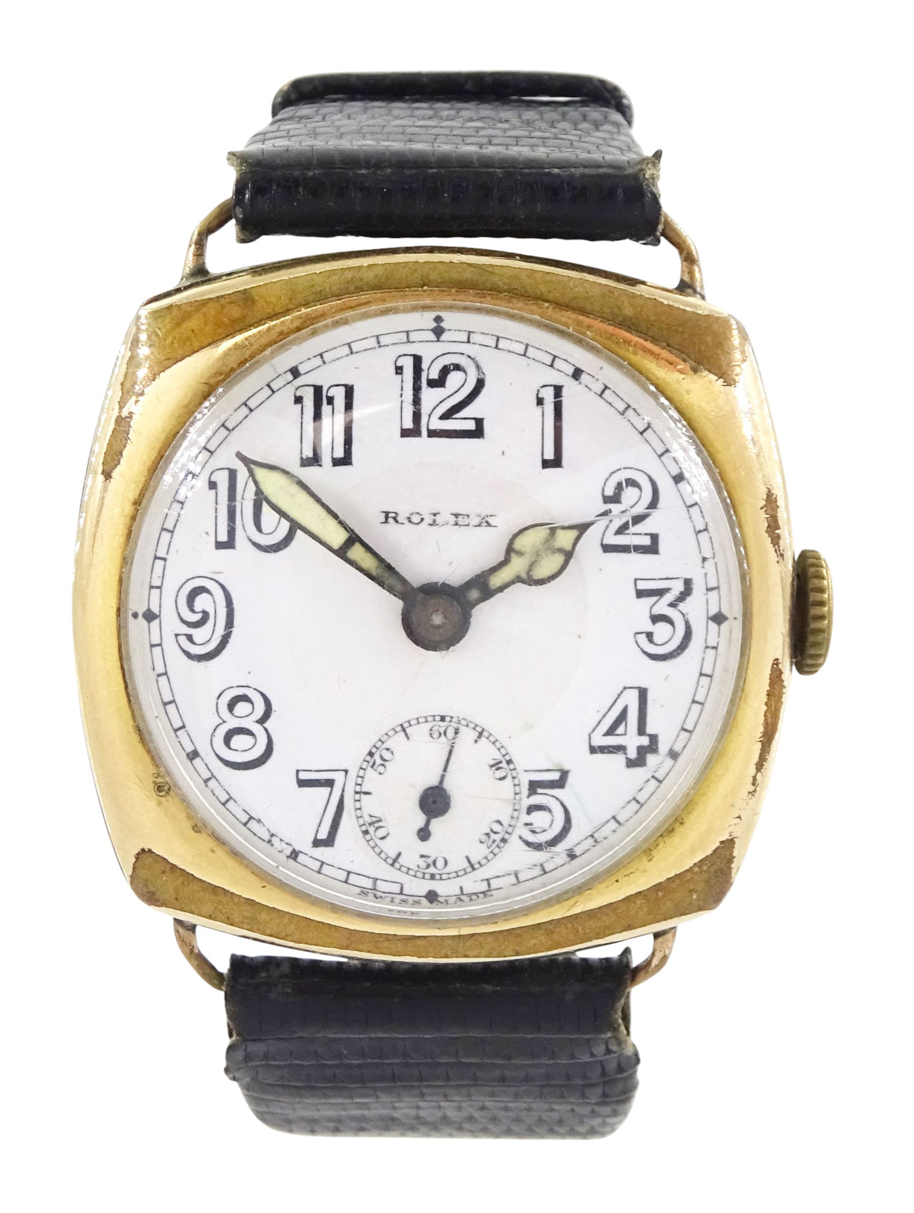 Rolex gentleman's 14ct gold-plated, cushion shaped manual wind wristwatch, circa 1930, case No. 51059, white dial with subsidiary seconds dial and luminous hands, on black leather strap