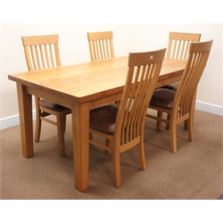  Solid oak rectangular dining table, square tapering supports (W180cm, H78cm, D90cm) and set six dining chairs, slat back, upholstered seat, square supports (W48cm)  