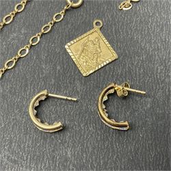 9ct gold jewellery, including cameo ring, stone set earrings, signet ring, two chains and a St Christopher charm