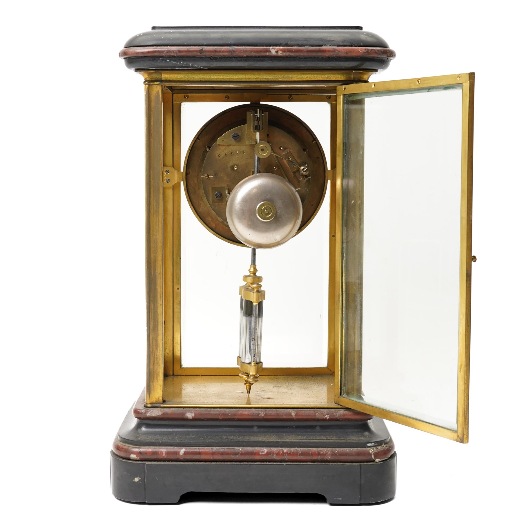 19th century four glass mantel clock with white enamel dial inscribed J W Benson, Old Bond Street, London with bell strike and mercury pendulum in brass and marble case H40cm